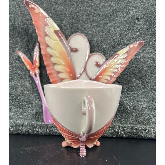STUNNING Franz Porcelain Butterfly Cup Saucer Spoon New in Box - Picture 3 of 14